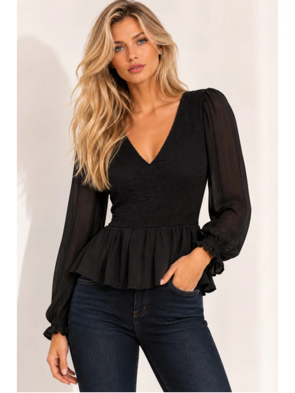 Old Navy Black Smocked Peplum Blouse Boho Parisian Scandi Coquette Feminine Chic
